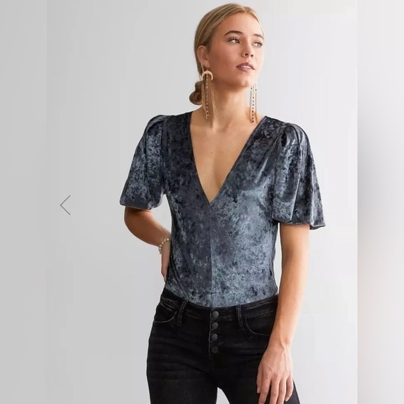 Free People Tops - NWT Free People Don't You Wish Velvet Bodysuit V-neck Sunflower Seed Gray Sz XS